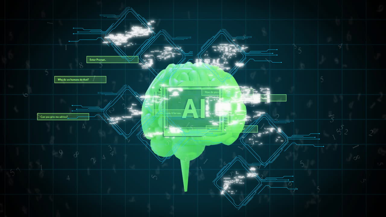 검은색 배경 위에서 문자, 뇌 및 디지털 데이터 처리의 애니메이션