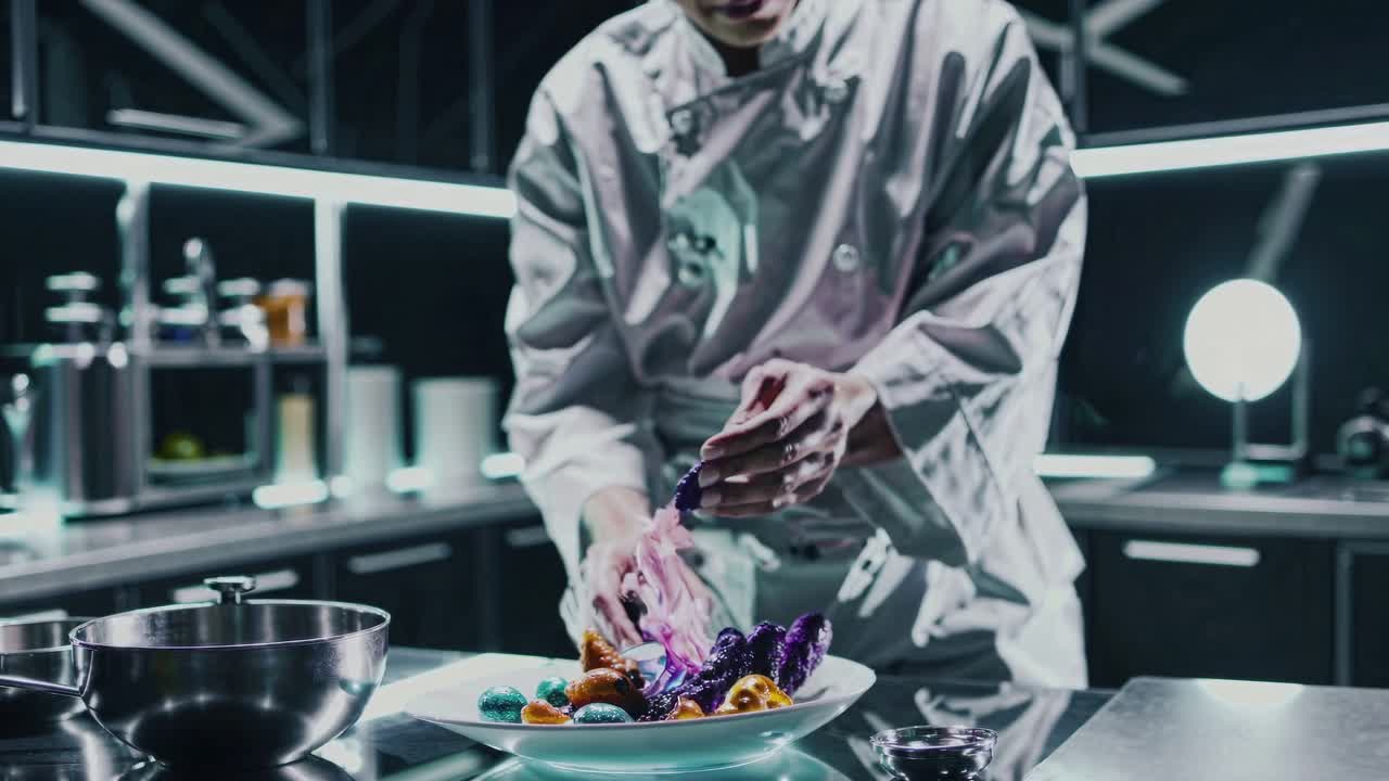 el chef crea un colorido plato de gastronomía molecular