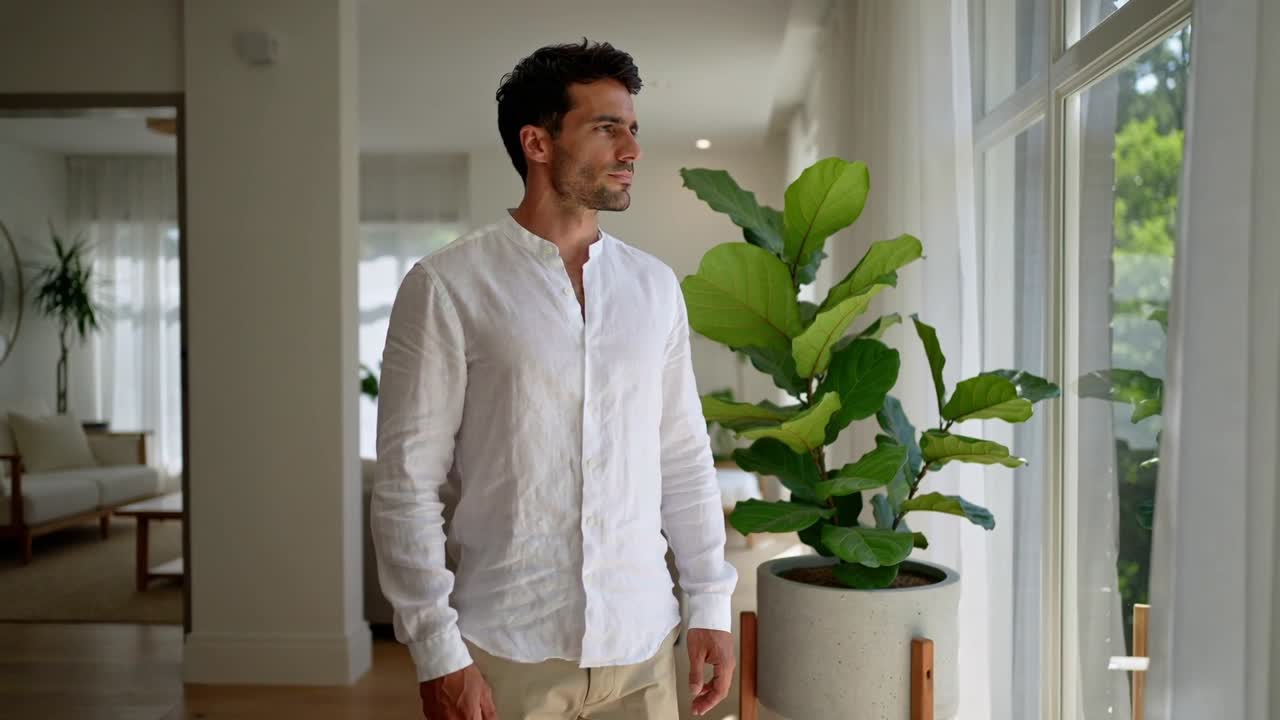 Uomo in camicia bianca cammina verso le finestre di casa, con una pianta nelle vicinanze, si ferma, guarda, la luce lo attira fuori.