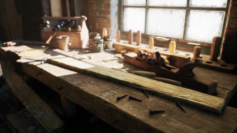 a vintage woodworking workshop with tools on a workbench