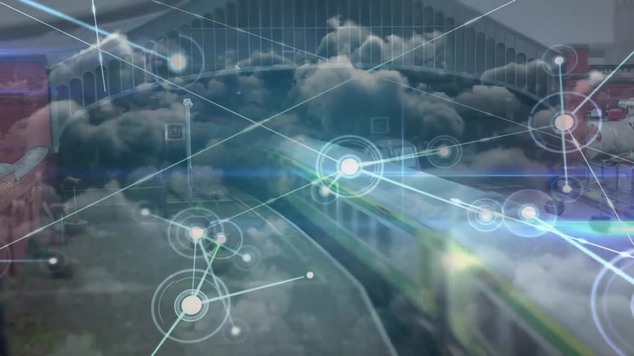 Animation of network of connections and sky with slouds over train station