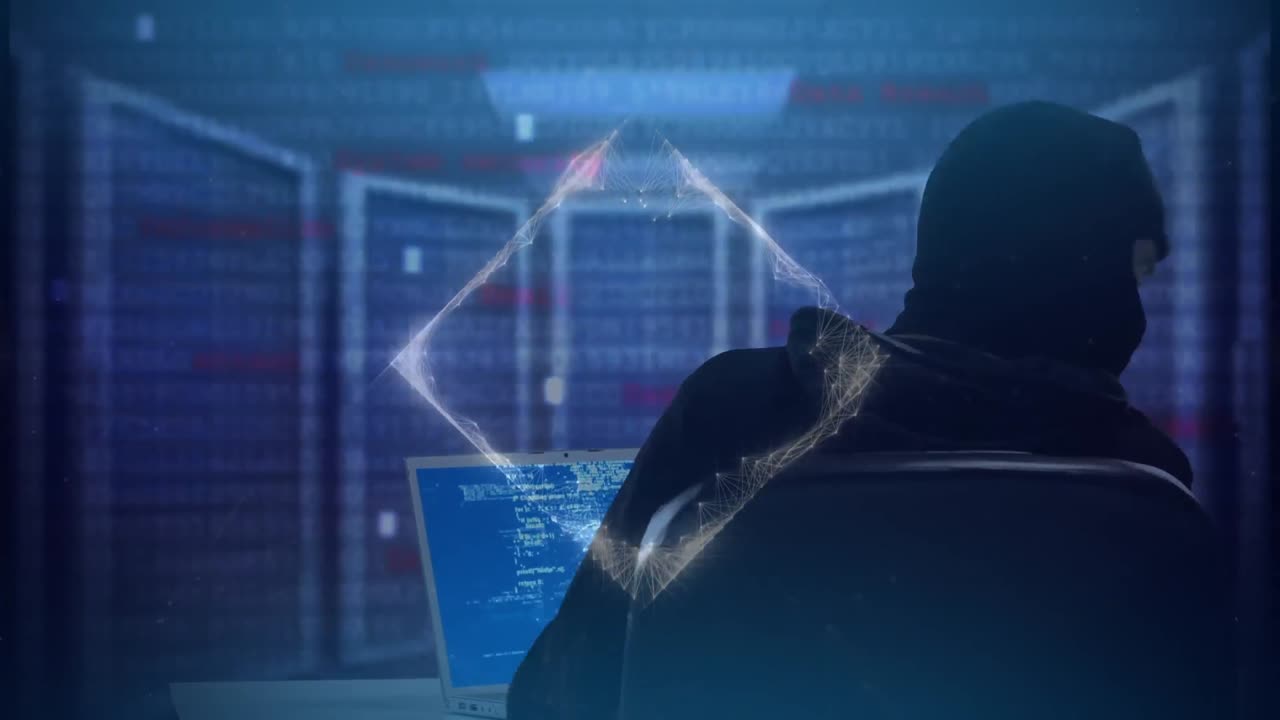 Animation of data and information processing, with masked hacker using laptop in server room