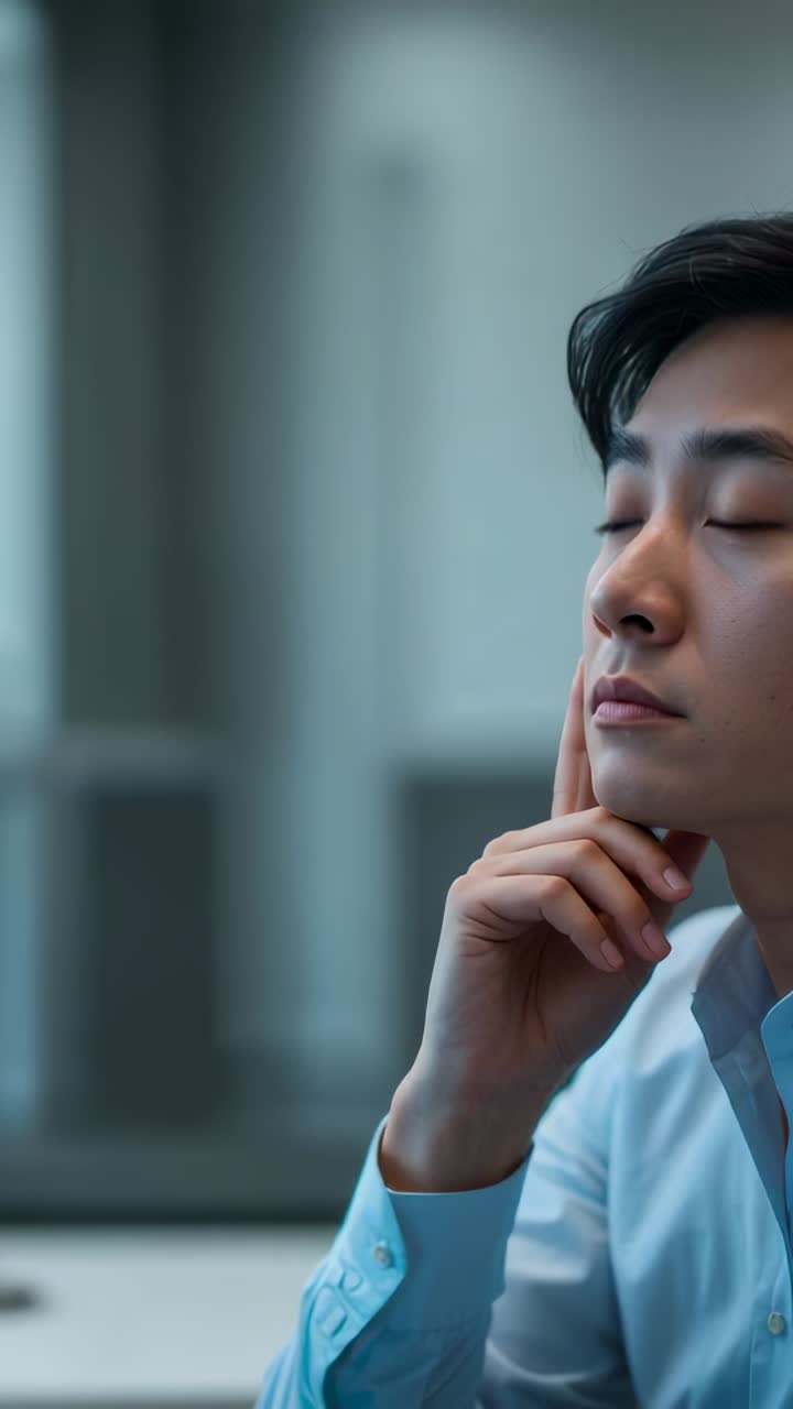Vertical video: Camera rolling Asian man blue shirt holding chin thinking at office, copy space