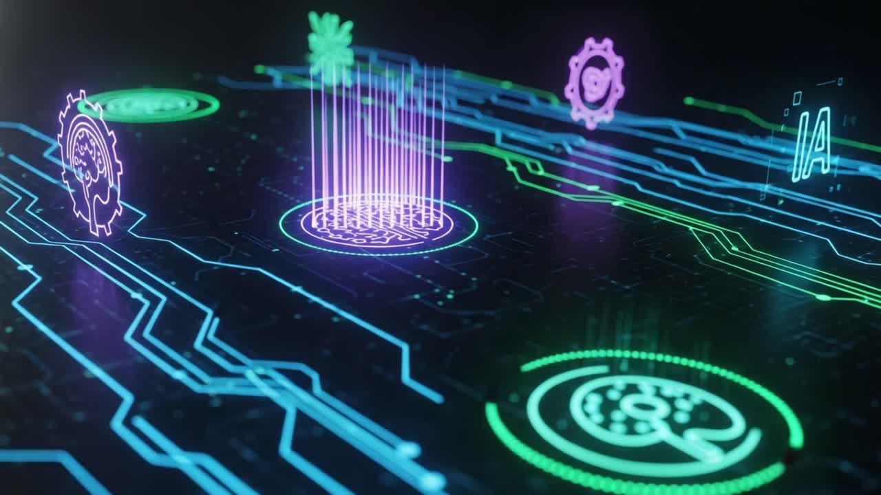 Exploring the Interface of Advanced Technology: A Visual Journey Through Digital Symbols Representing Artificial Intelligence, Neural Networks, and Data Integration