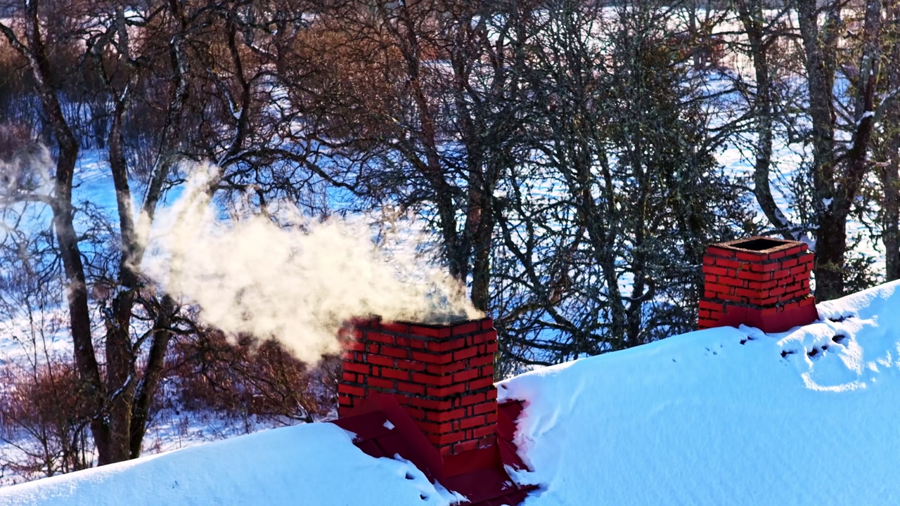 Smoke rising from a brick chimney on a snowy roof on a cold winter day, symbolizing home heating