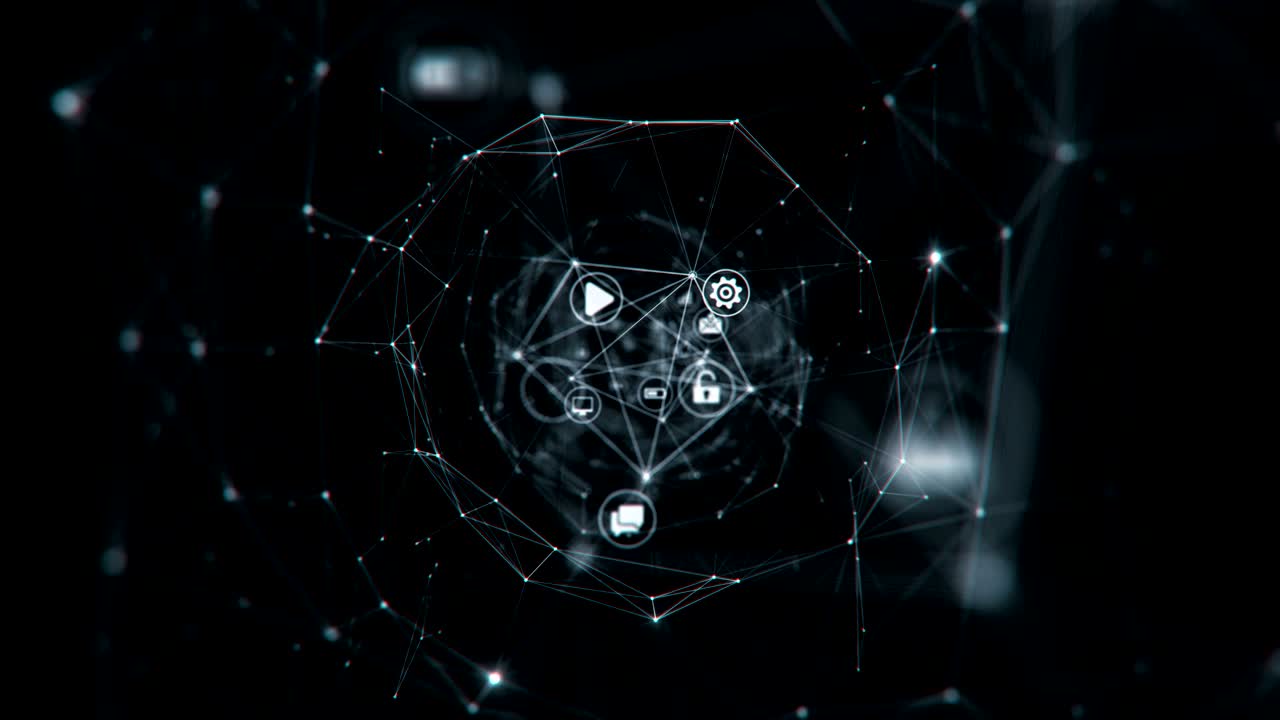 hermosos iconos en túnel digital conectados con luces parpadeantes en negro. animación 3d en bucle con borrón dof. tecnología digital y concepto de información.