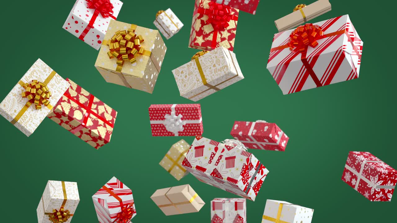 Falling New Year Presents on Green Background