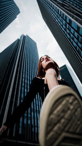 urban stride: low angle view of a woman in the city