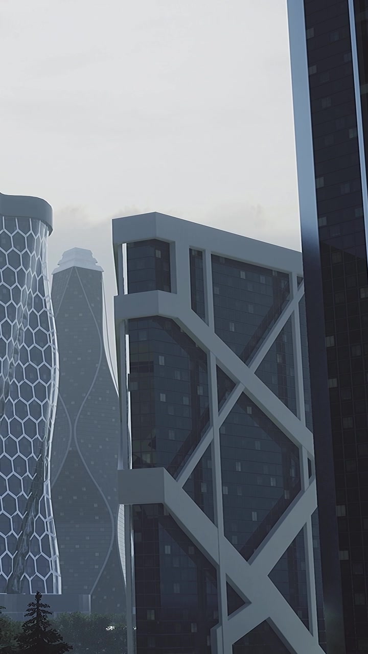 Edificios con diseños únicos en un paisaje urbano moderno durante un día nublado.