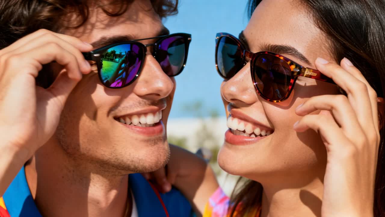 Pareja ajustándose gafas de sol con lentes espejadas, inclinada y animada bajo el sol, ideal para viajes.
