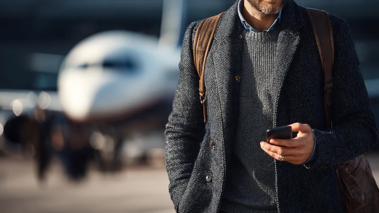 A well-dressed man stands at an airport, focused on his smartphone, with an airplane and fellow travelers in the background, capturing a moment of travel anticipation