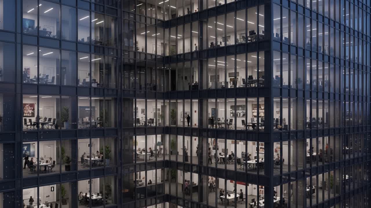 Modern Office Building with Illuminated Interiors and People Working at Night