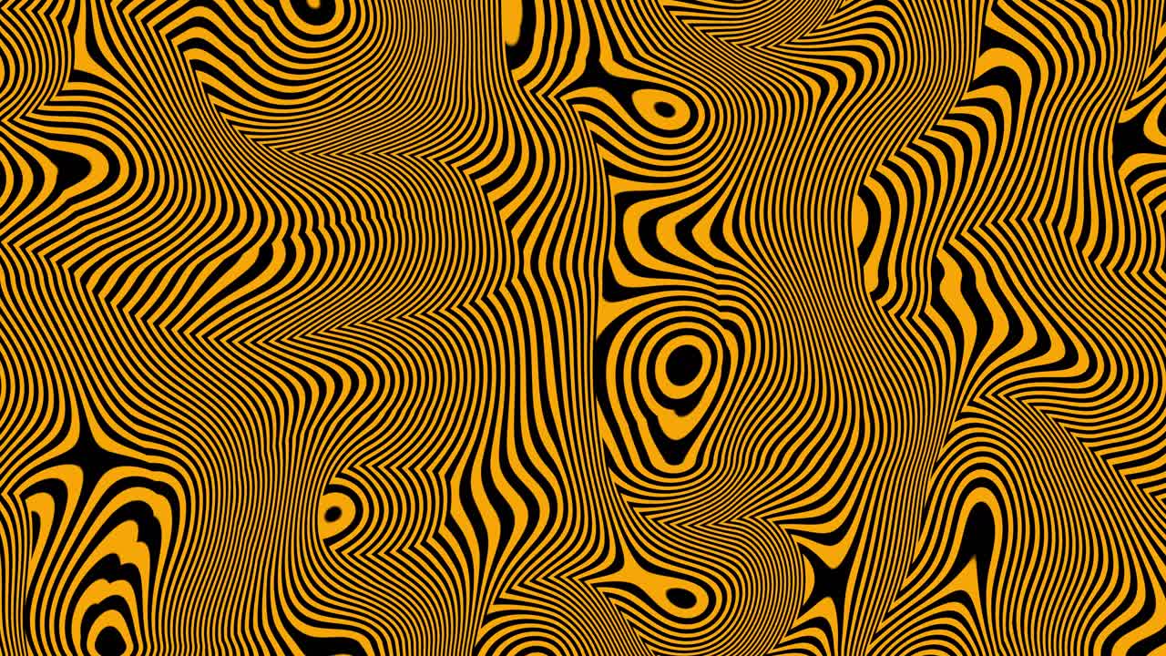 Swirling trippy lines animation visual effects with hypnotic psychedelic vibrant motion graphics flowing radiant shapes and shifting patterns creating an immersive illusion scene colour golden orange