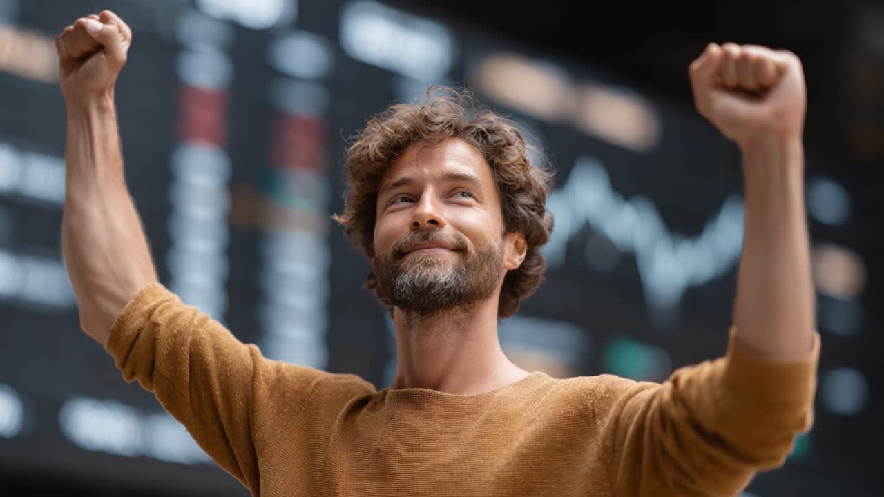 Triumphant Celebration: A Joyful Individual Raises Their Arms in Victory Amidst Financial Data, Reflecting Success and Accomplishment in a Dynamic Environment