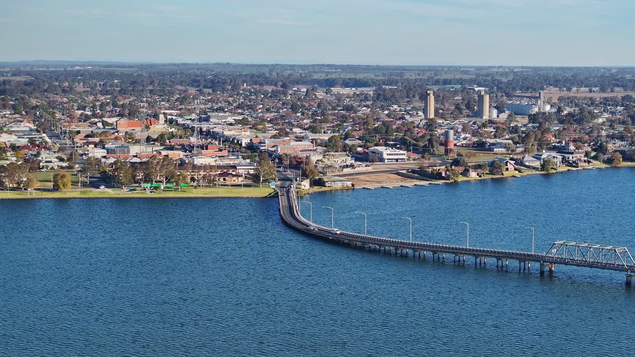Aerial of the road bridge over Lake Mulwala with Yarrawonga in the background