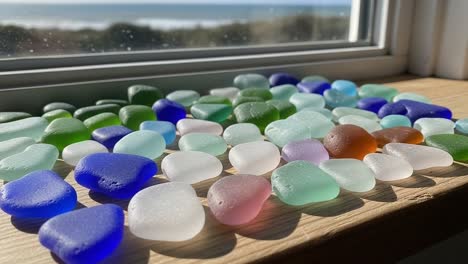 a collection of smooth, colorful seaglass pieces displayed on a wooden surface against a scenic background of the ocean and shoreline
