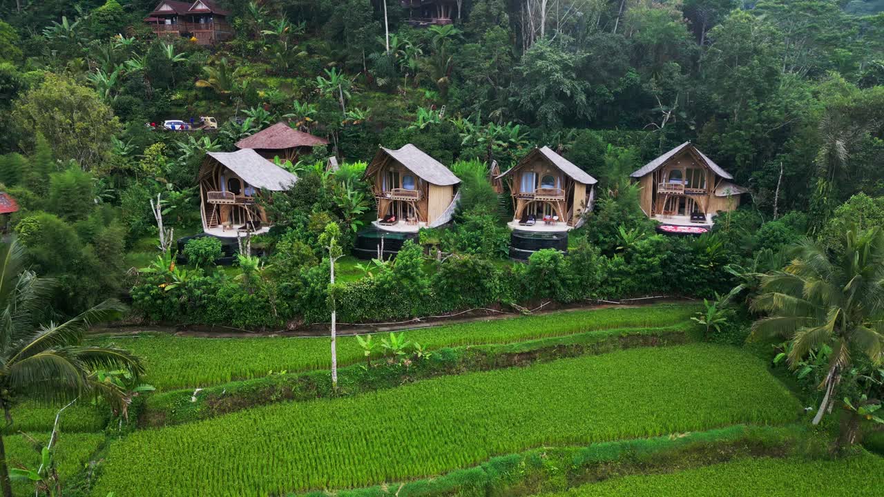 Drone footage of eco bamboo lodges hidden in a mountain forest valley of Bali, overlooking emerald rice fields and tropical vegetation. A cinematic view of sustainable living in serene nature