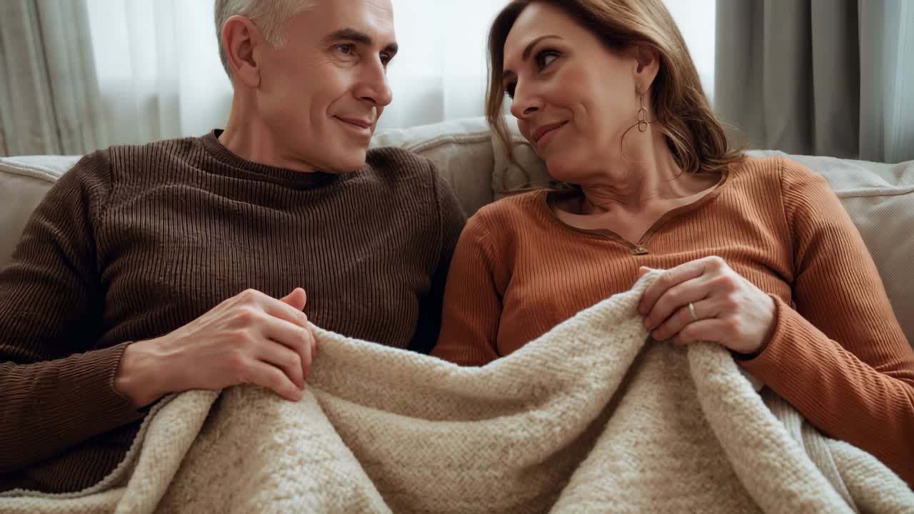 Una coppia matura seduta sul divano si stringe sotto una coperta, guardandosi negli occhi