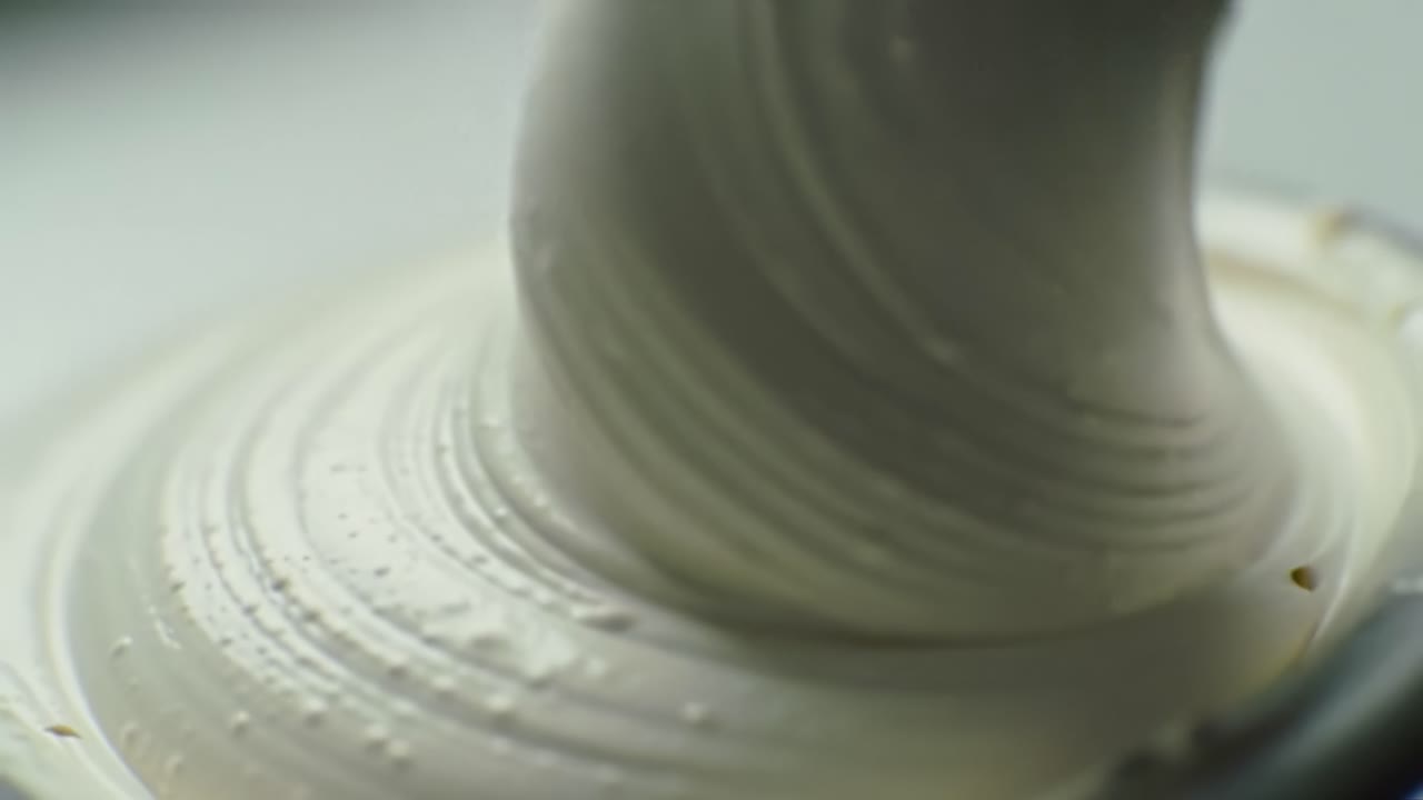 Close-up of a smooth creamy mixture being stirred at a kitchen countertop highlights culinary techniques. The process showcases the importance of consistency in cooking and baking.