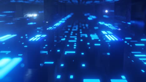 volar a través del ciberespacio tecnológico con brillo de neón. vuelo de ciencia ficción a través del túnel de tecnología de alta tecnología. holograma y luz de neó. bloques de metal en el aire.