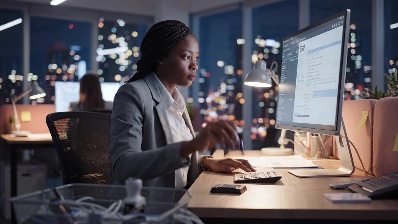 Business Professional Working Late at Night in a Modern Office, Focused on Computer Screen Amidst City Lights