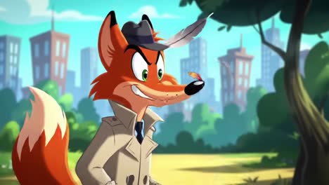 a clever fox detective examines a feather in a vibrant city park, showcasing curiosity and wit while dressed in a classic trench coat and fedora hat