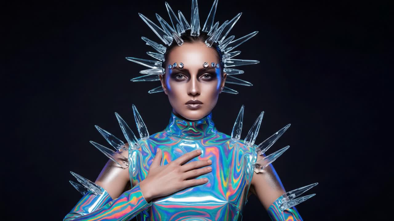 A futuristic fashion model captivates with an iridescent bodysuit adorned in sharp, crystalline accents that evoke both elegance and a striking avant-garde aesthetic
