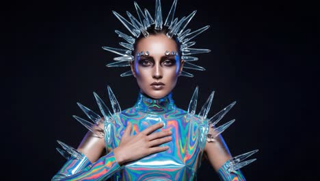 a futuristic fashion model captivates with an iridescent bodysuit adorned in sharp, crystalline accents that evoke both elegance and a striking avant-garde aesthetic