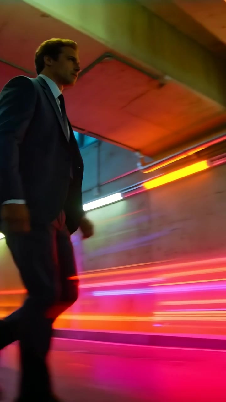 Vertikal video: Gående man i kostym rör sig genom en passage med neonljus som strålar, med utrymme för text.