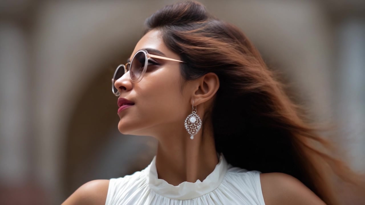 Elegante ritratto di una donna sicura di sé con occhiali da sole e orecchini eleganti che mostra moda e grazia su uno sfondo urbano morbido e sfocato