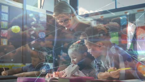 Animation-of-network-of-connections-and-clouds-over-teacher-and-class-of-diverse-pupils