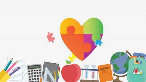 animation of puzzles falling over heart formed with puzzles and education icons