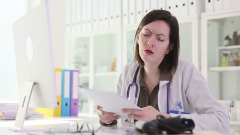 female doctor reacts to documents in medical office