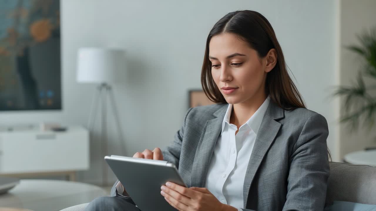 Mujer de negocios con blazer gris revisando informes en una sala de espera mientras toca una tablet tras encenderse la pantalla