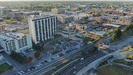 early morning view of memphis by the river - aerial view with camera panning down