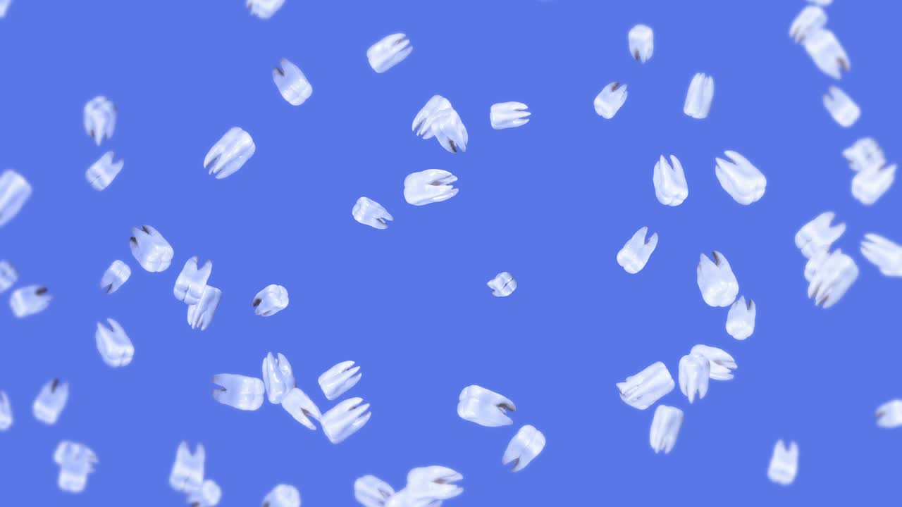 파란색 바탕에 많은  이빨을 날아. 치과 관리 개념. 치아 회전의 3d 애니메이션. 루프 애니메이션.