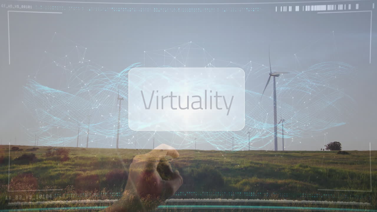 Pointing hand interacting with semi-transparent Virtuality panel floating above wind farm in 3D
