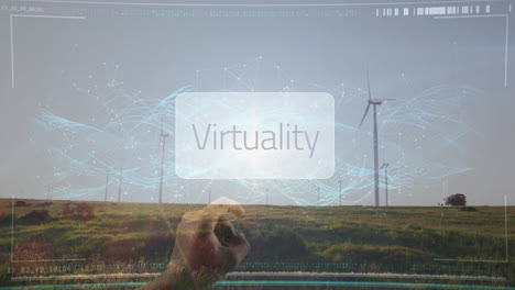 pointing hand interacting with semi-transparent virtuality panel floating above wind farm in 3d