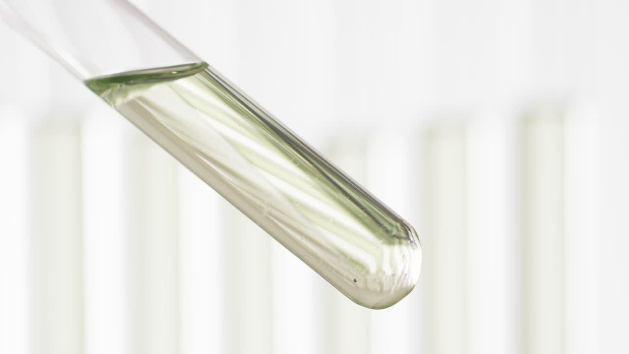 vídeo de tubos de ensayo de laboratorio de vidrio con líquido transparente y espacio de copia sobre fondo blanco