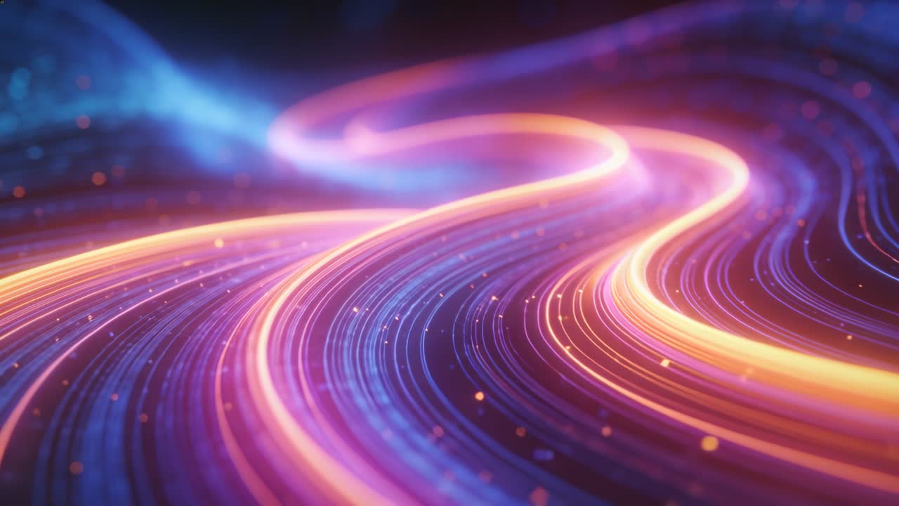 Afspilning starter, neonbånd flyder langs en sti i computergrafik (CGI) med partikler, der leder øjet.