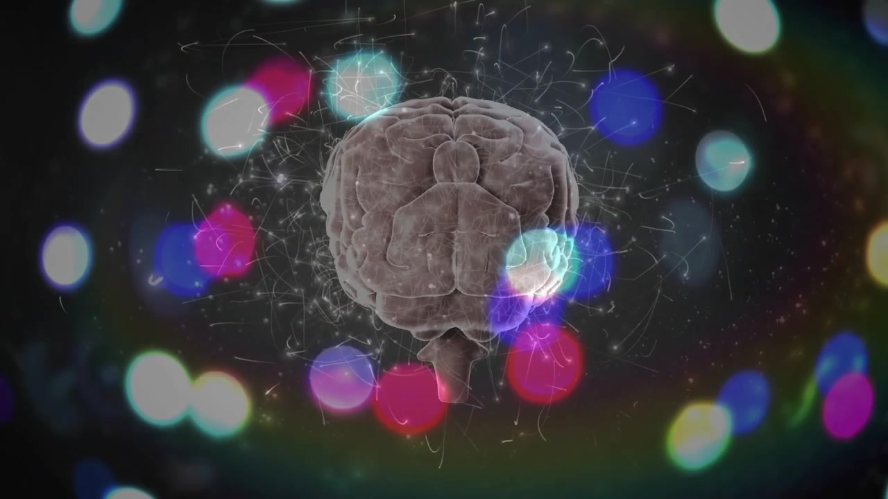 3D brain model rotating on play, filaments pulsing and bokeh drifting visualizing neural activity