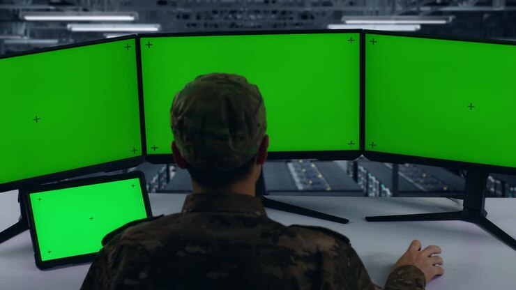 Vista posteriore di un militare asiatico che lavora con un tablet e monitor multipli con schermo verde di prova in un centro dati.