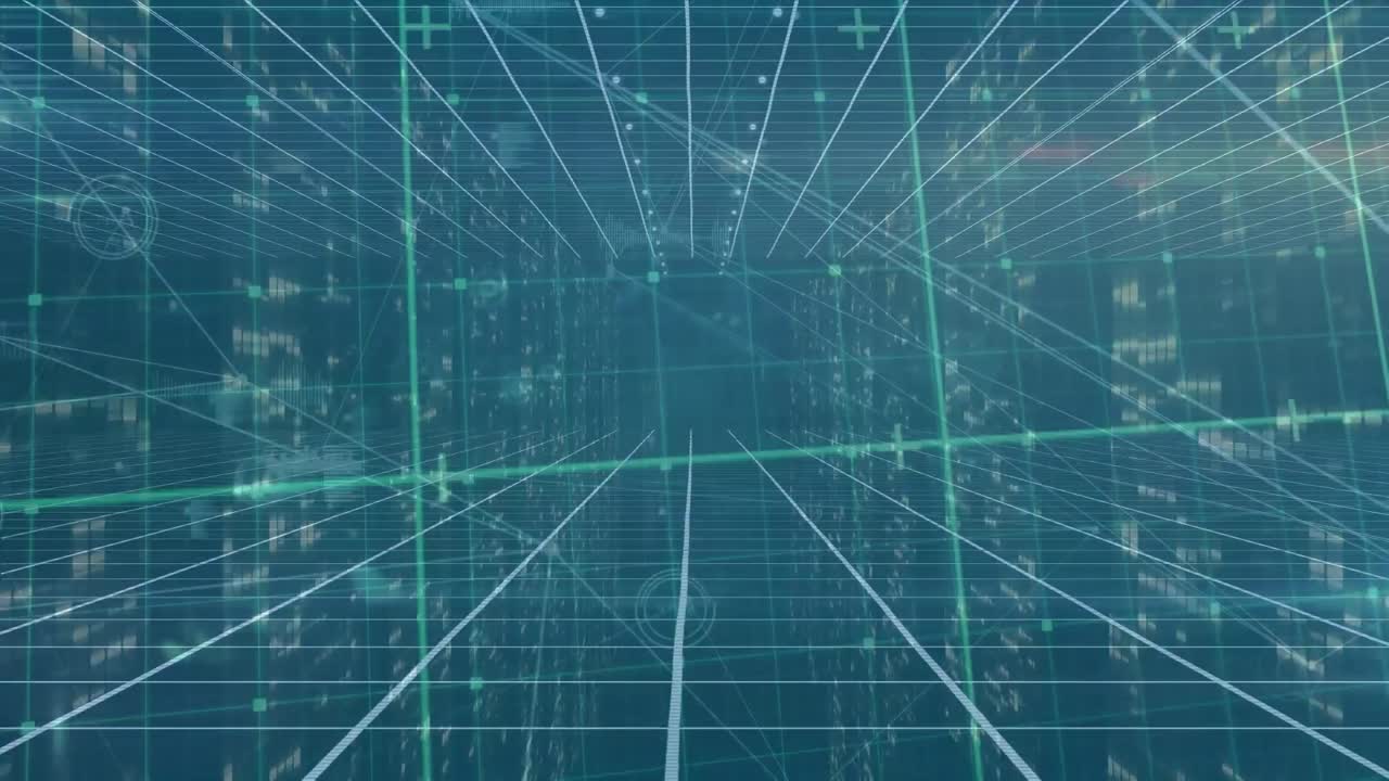 Animation of network of connections over grid network against screens of mosaic squares