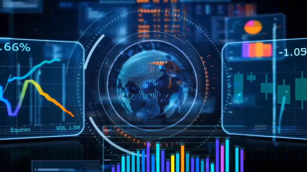 Futuristic video interface with a digital globe and data charts, viewed from a front angle
