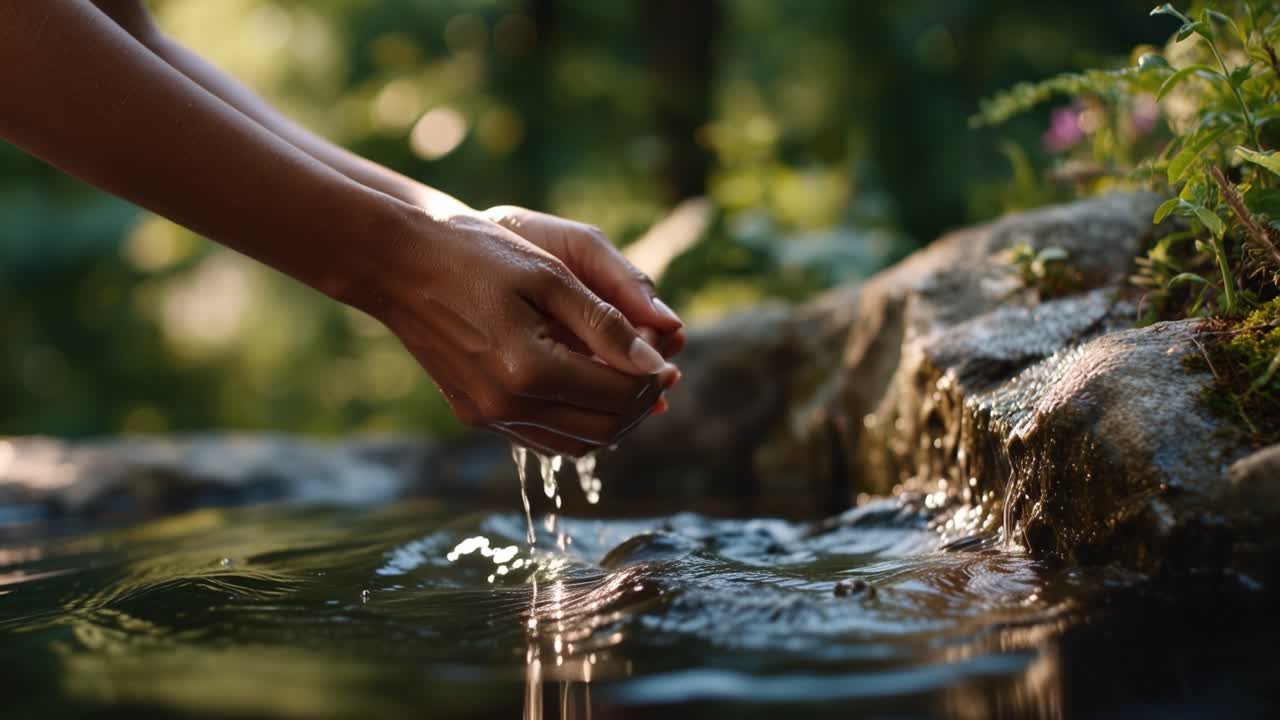 A Serene Connection with Nature: Hands Interacting with Clear Water in a Peaceful Forest Setting, Reflecting the Calmness and Beauty of the Natural World