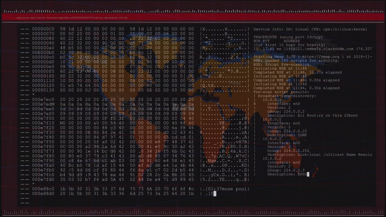 Animation of numbers and computer language in terminal interface over map against black background