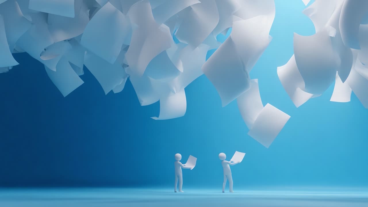 A Creative Exploration of Chaos and Organization: Two Figures Navigate Through a Whirlwind of Floating Papers, Symbolizing Knowledge, Inspiration, and the Journey of Ideas in Motion