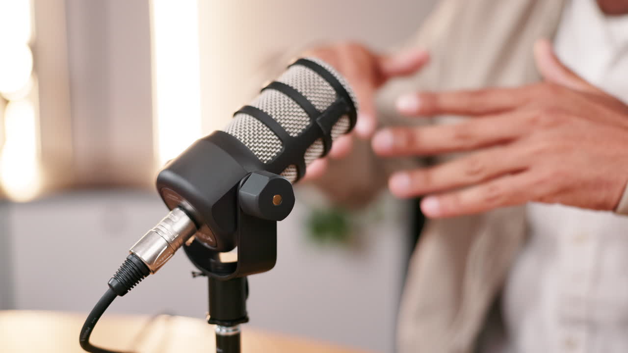Close-up of a microphone during a podcast recording