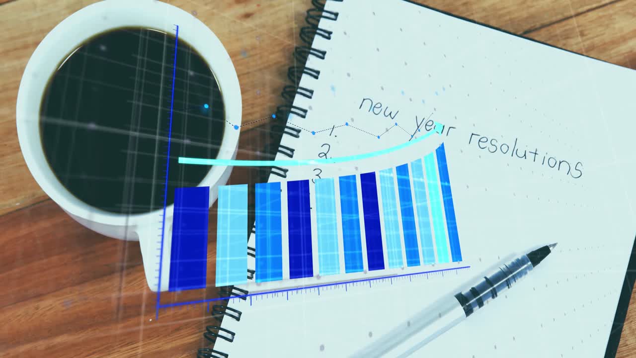 animación de gráficos sobre vista aérea de taza de café, bolígrafo y resoluciones de año nuevo textos en el diario