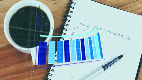 Animation-Von-Diagrammen-über-Der-Draufsicht-Auf-Kaffeetasse,-Stift-Und-Neujahrsvorsätze-Im-Tagebuch